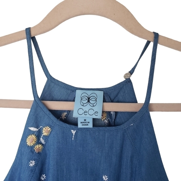 Cece Chambray Denim Sunflower Embroidery Spaghetti Straps Dress - Picture 6 of 9